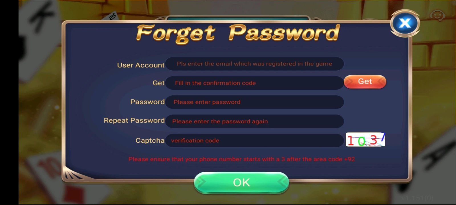 password reset interface in 3 patti sky